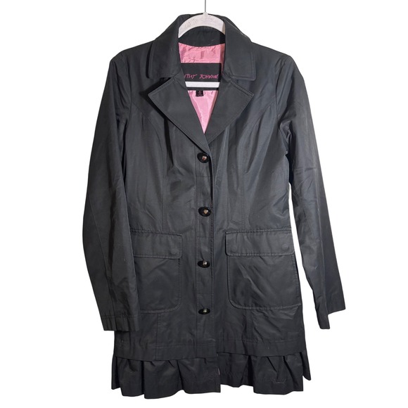 Betsey Johnson Jackets & Blazers - Betsey Johnson Black Ruffle Hem Trench Coat Pink Lining Size M Twee/Coquette